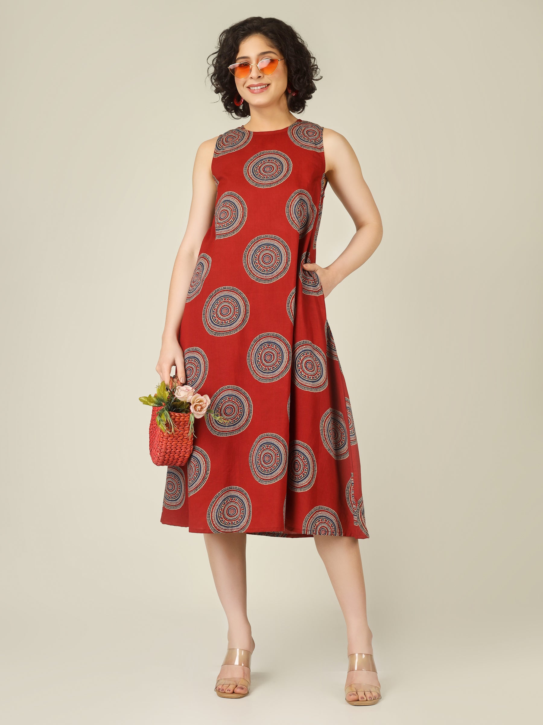 Maroon Printed Sleeveless A-Line Cotton Dress