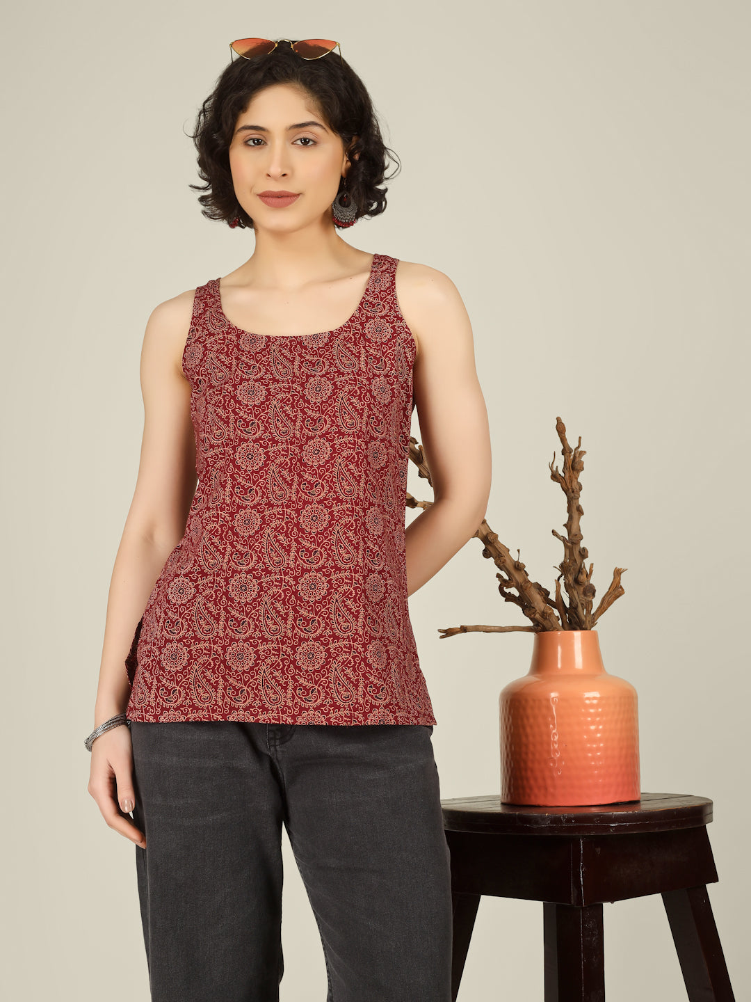 Maroon Printed Round Neck Sleeveless Cotton Top