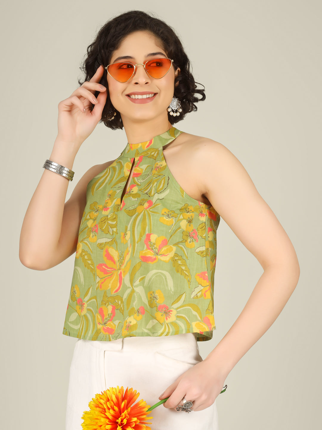 Green Printed Halter Neck Sleeveless Cotton Top