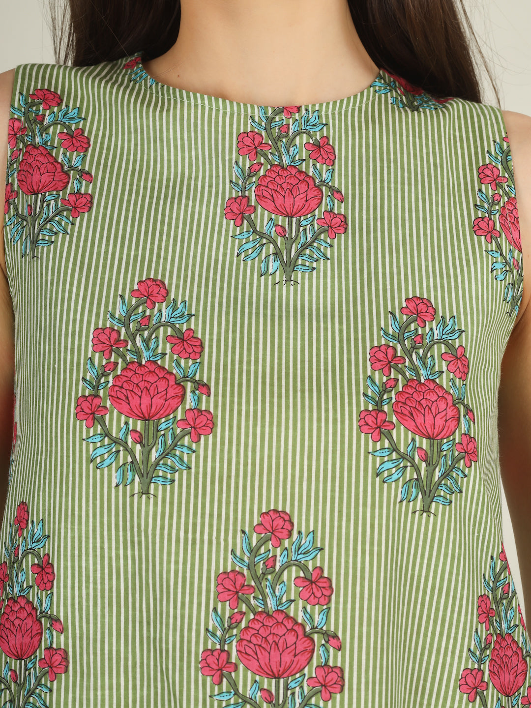 Green Striped Sleeveless A-Line Cotton Dress