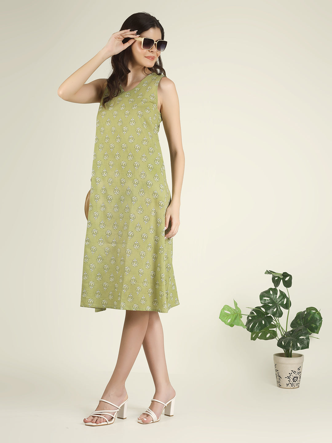 Green Printed Sleeveless V-Neck A-Line Cotton Dress