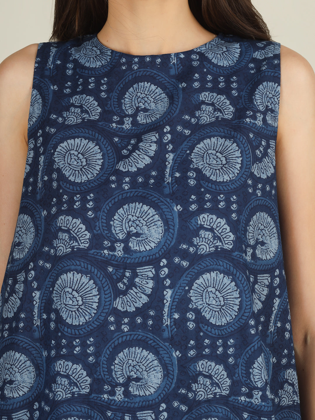 Dark Blue Printed Sleeveless A-Line Cotton Dress