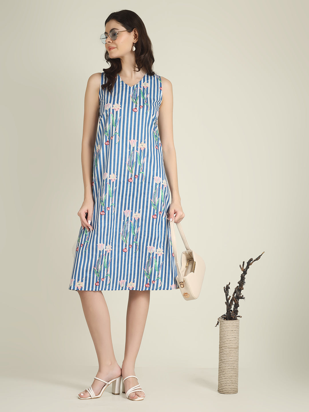 Sky Blue Striped Sleeveless V-Neck A-Line Cotton Dress Sky Blue Striped Sleeveless V-Neck A-Line Cotton Dress