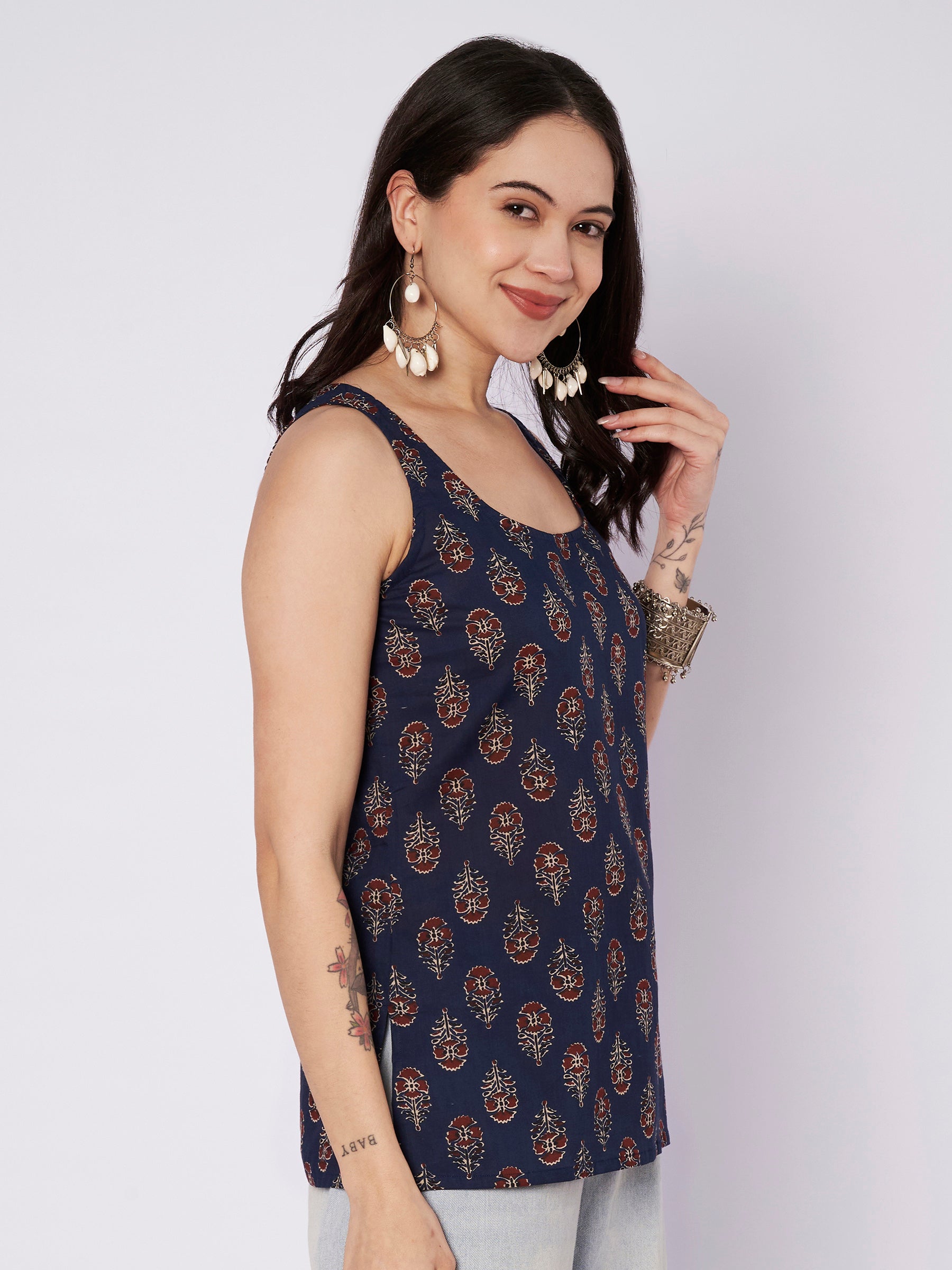 Navy Blue Printed Sleeveless Cotton Top