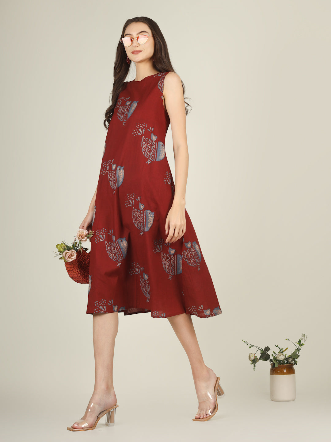Red Printed Sleeveless A-Line Cotton Dress