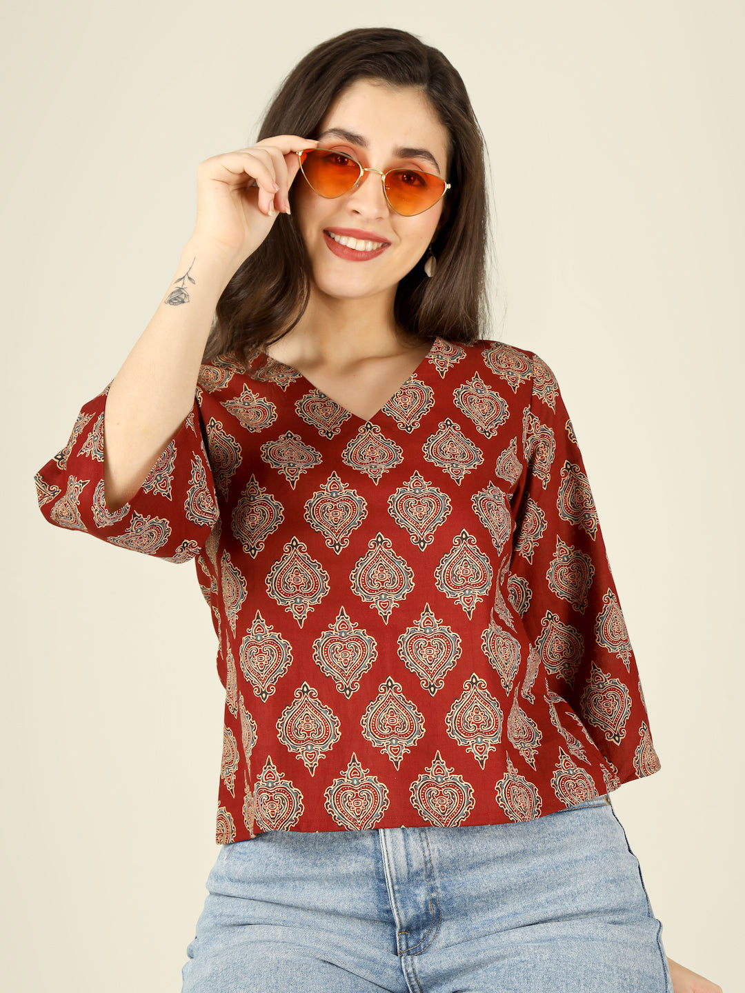 Maroon Printed Straight Bell-Sleeves Top