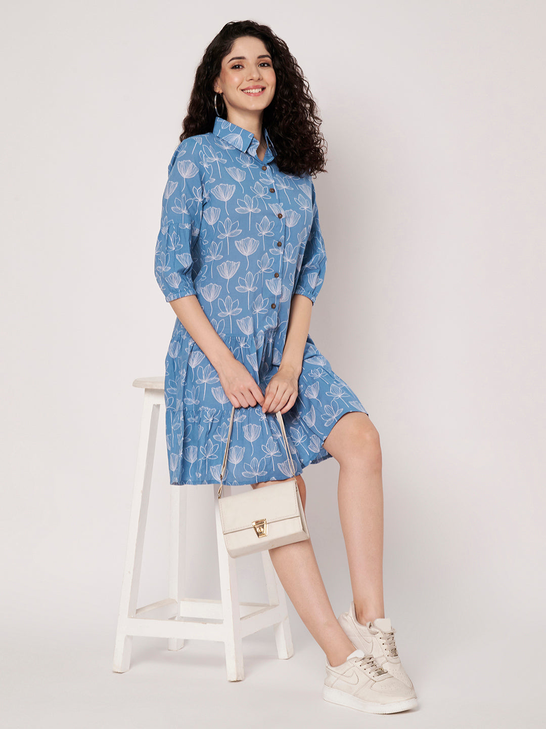Sky Blue Printed Short Cotton Dress