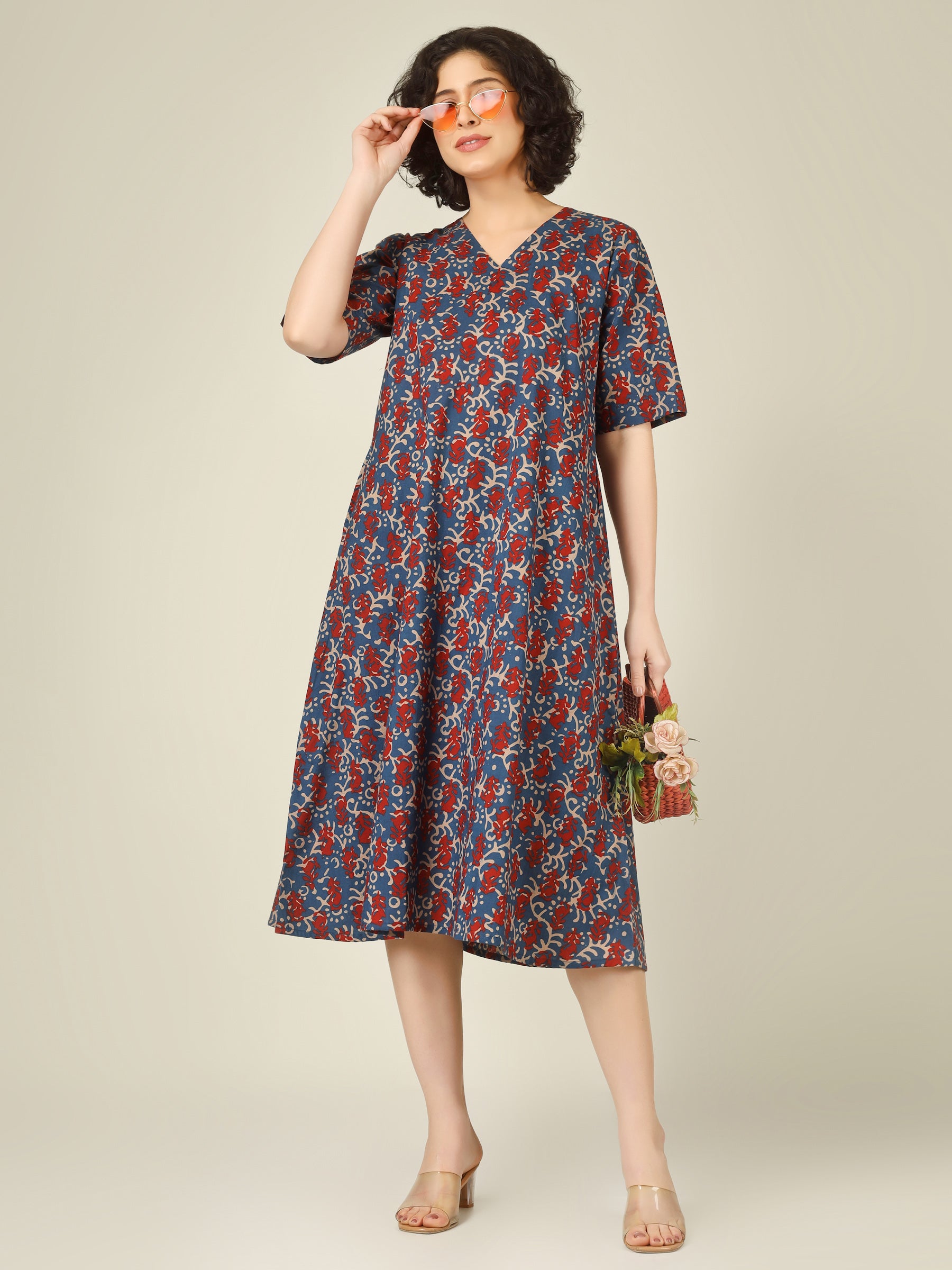 Blue Printed Half-Sleeve A-Line Cotton Dress