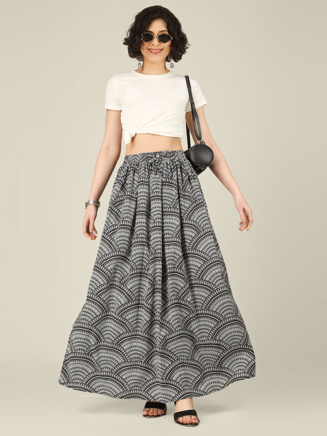 Black Printed Cotton Maxi Skirt