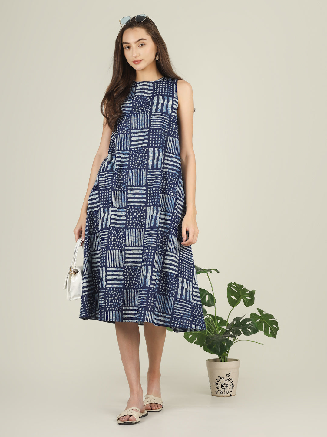 Blue Printed Sleeveless A-Line Cotton Dress