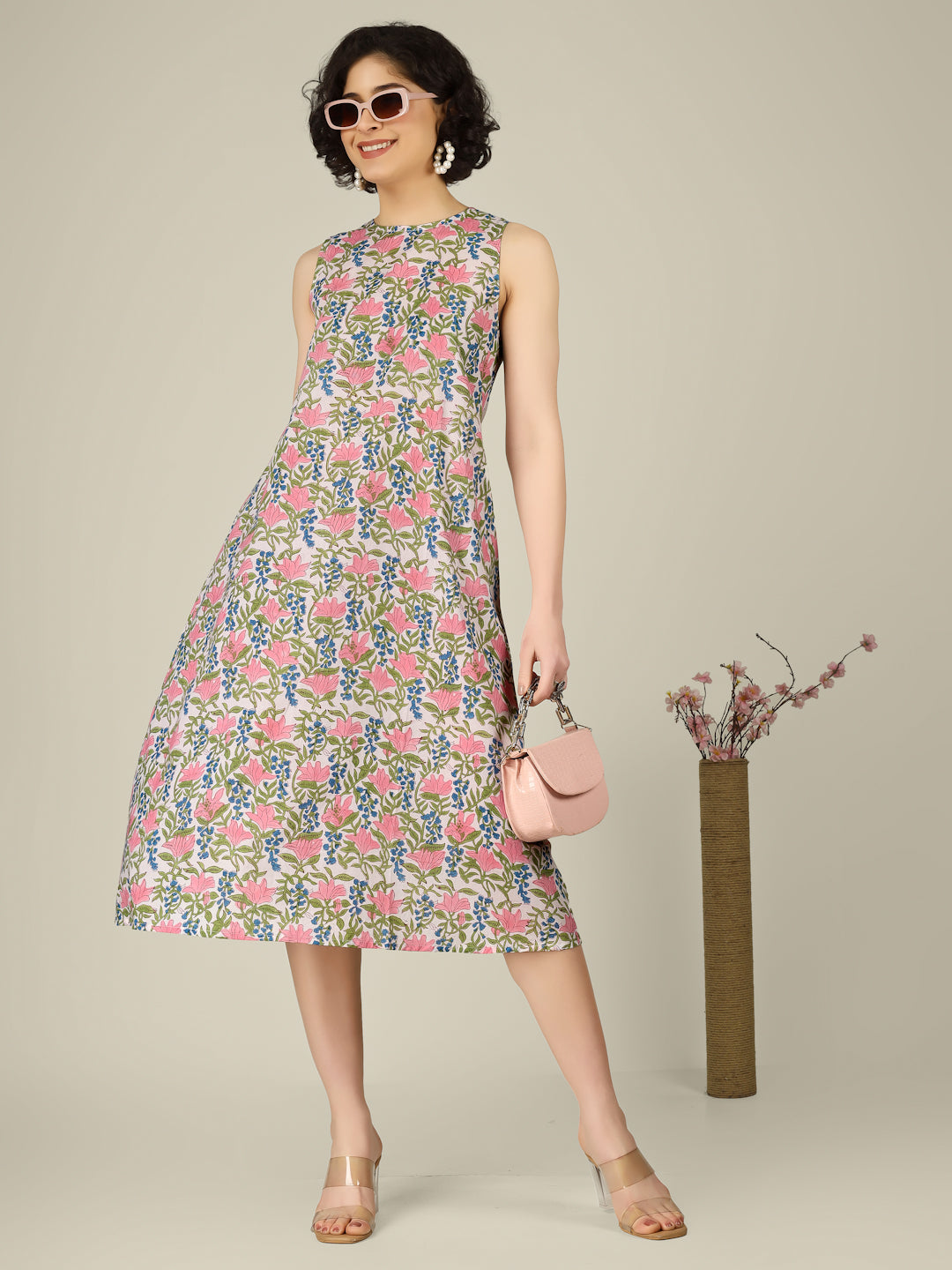 White Printed Sleeveless A-Line Cotton Dress