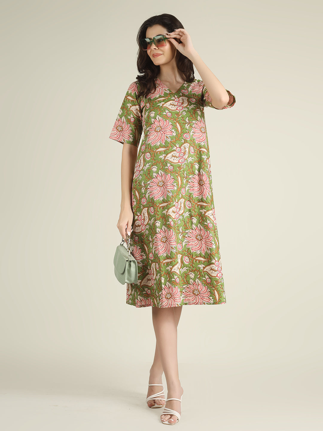 Green Printed Half-Sleeve A-Line Cotton Dress