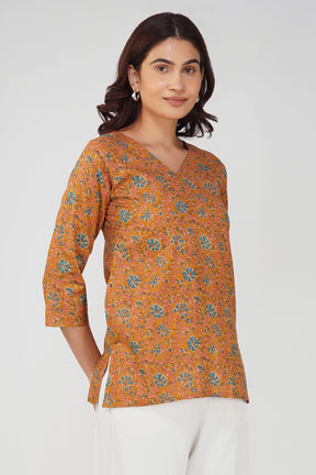 Mustard Printed V-Neck Cotton Top