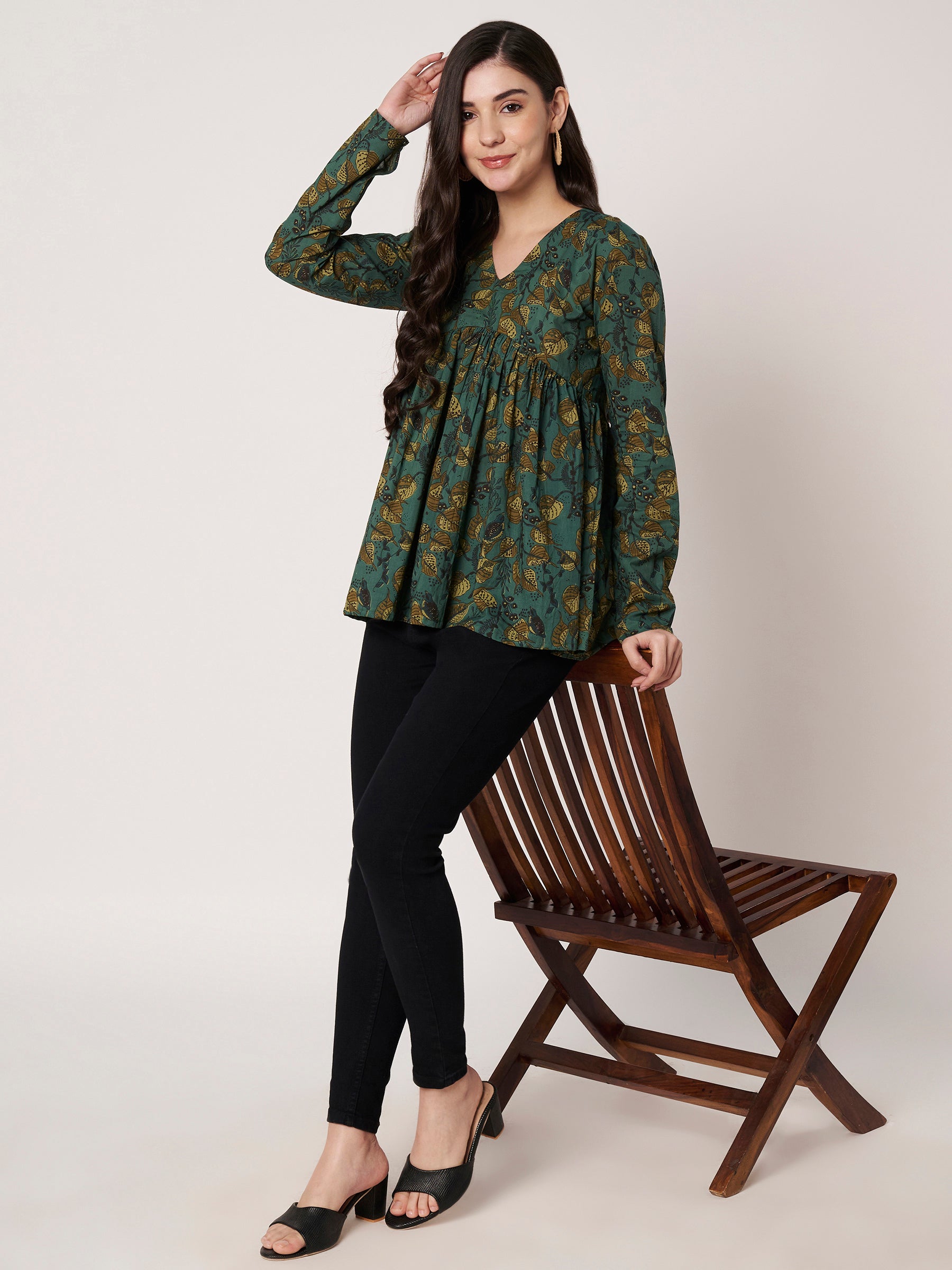 Green Printed Alia-Cut Cotton Top