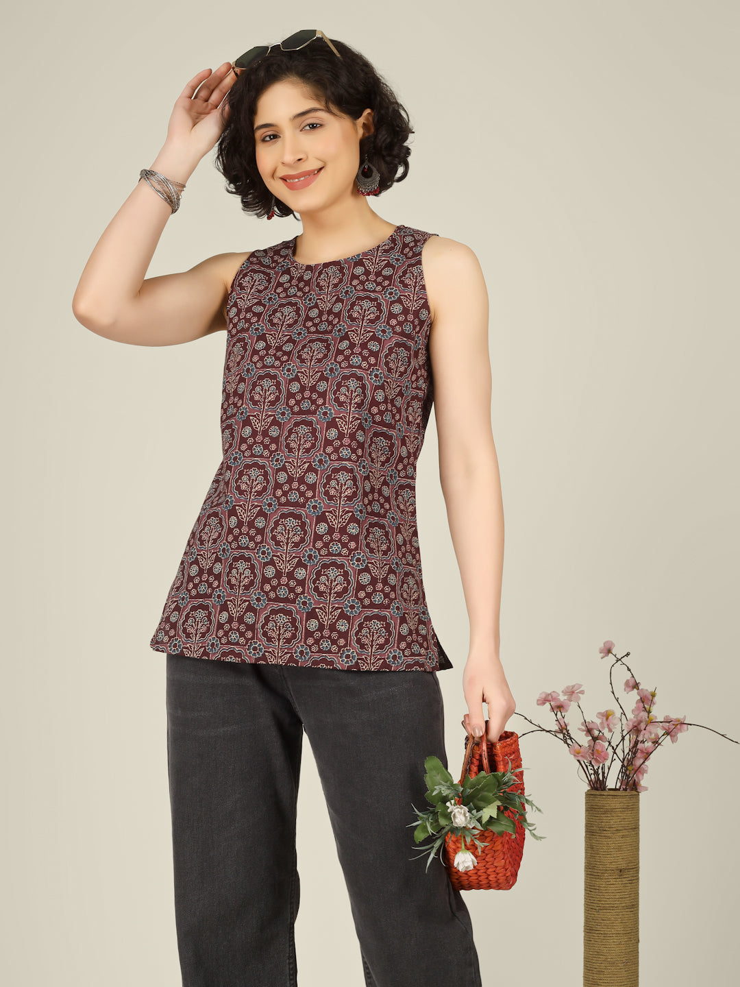 Brown Printed Round Neck Sleeveless Cotton Top