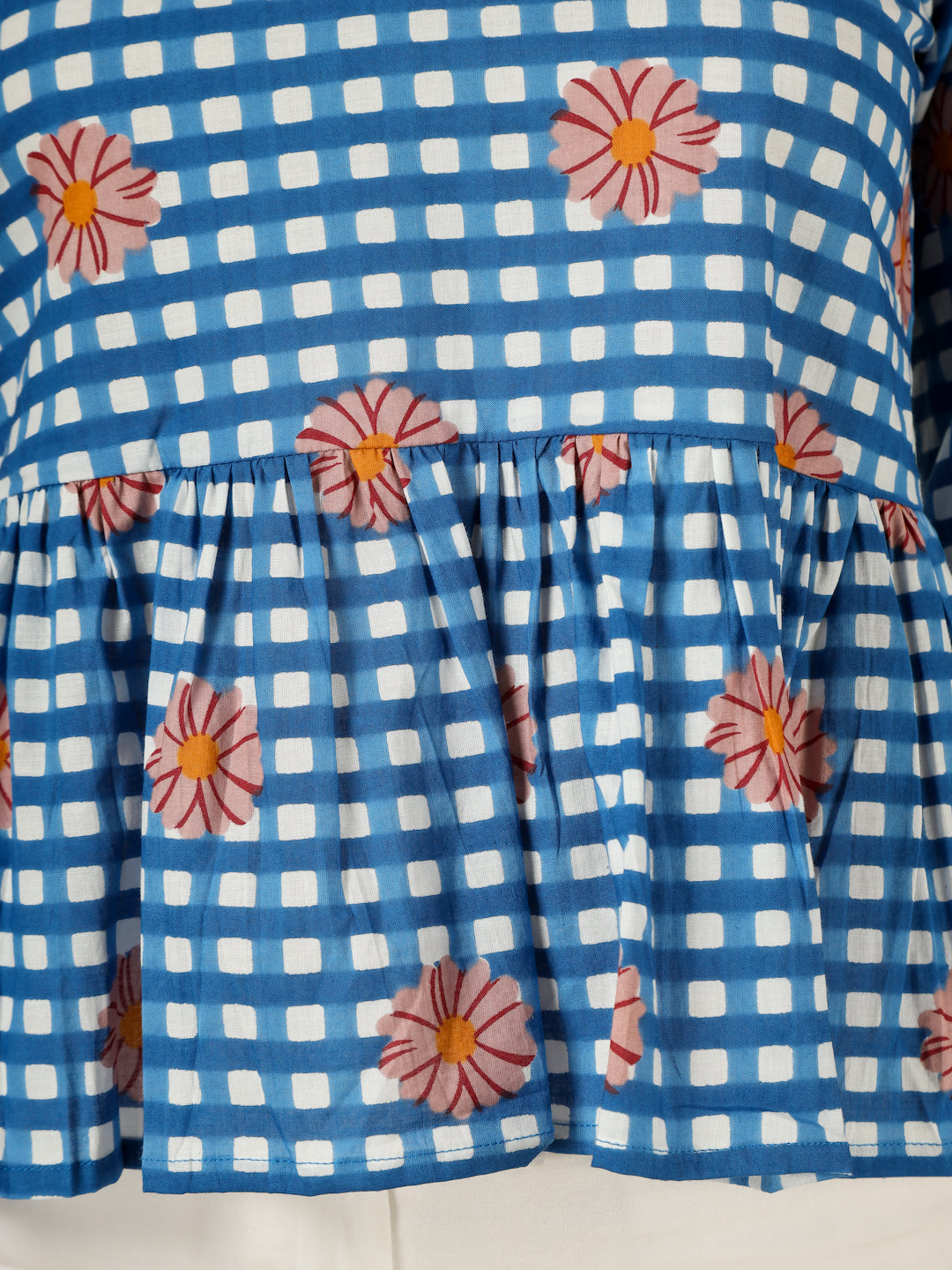Blue Checked Cotton Peplum Top