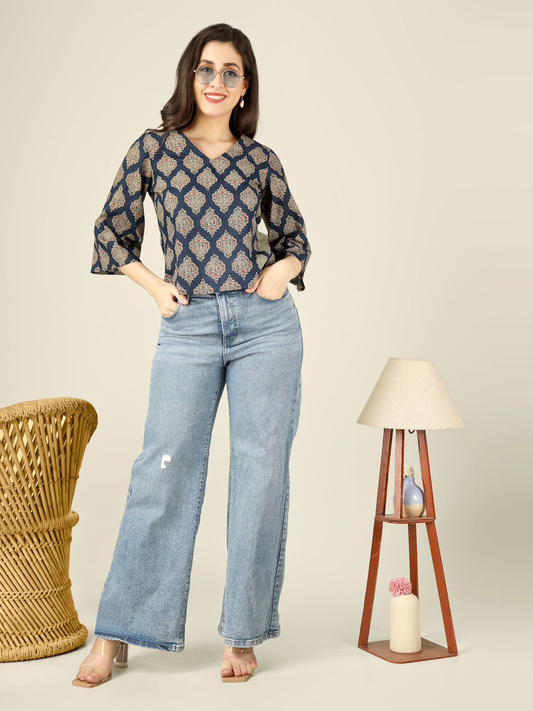 Navy Blue Printed Straight Bell-Sleeves Top