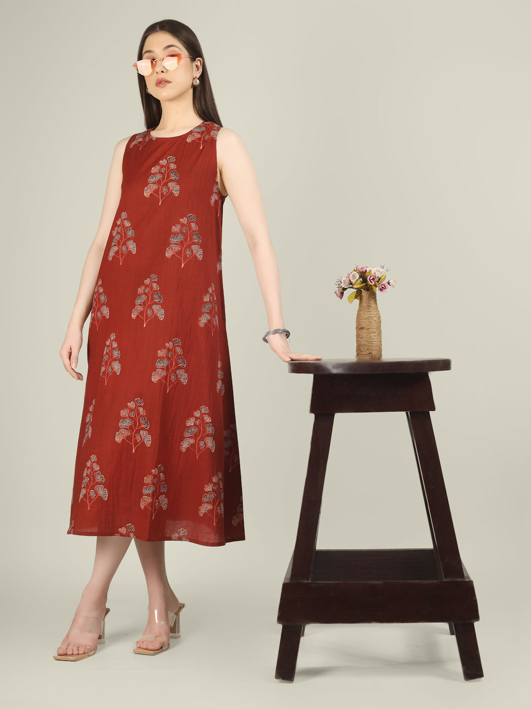 Maroon Printed Sleeveless A-Line Cotton Dress
