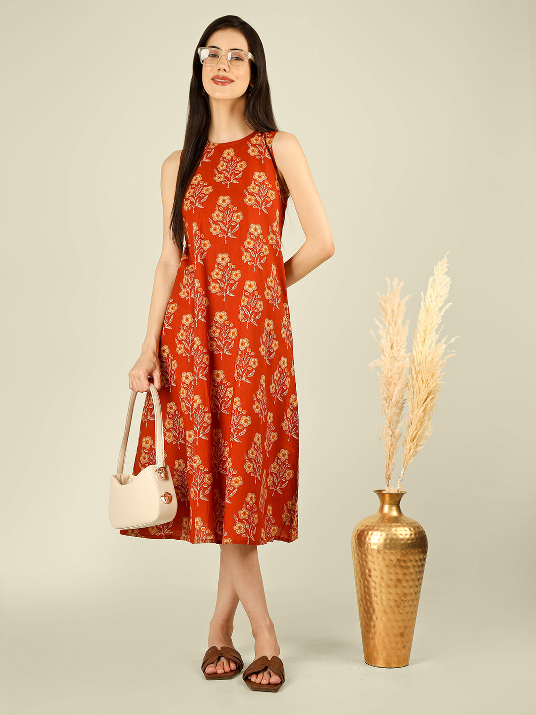 Orange Printed Sleeveless A-Line Cotton Dress