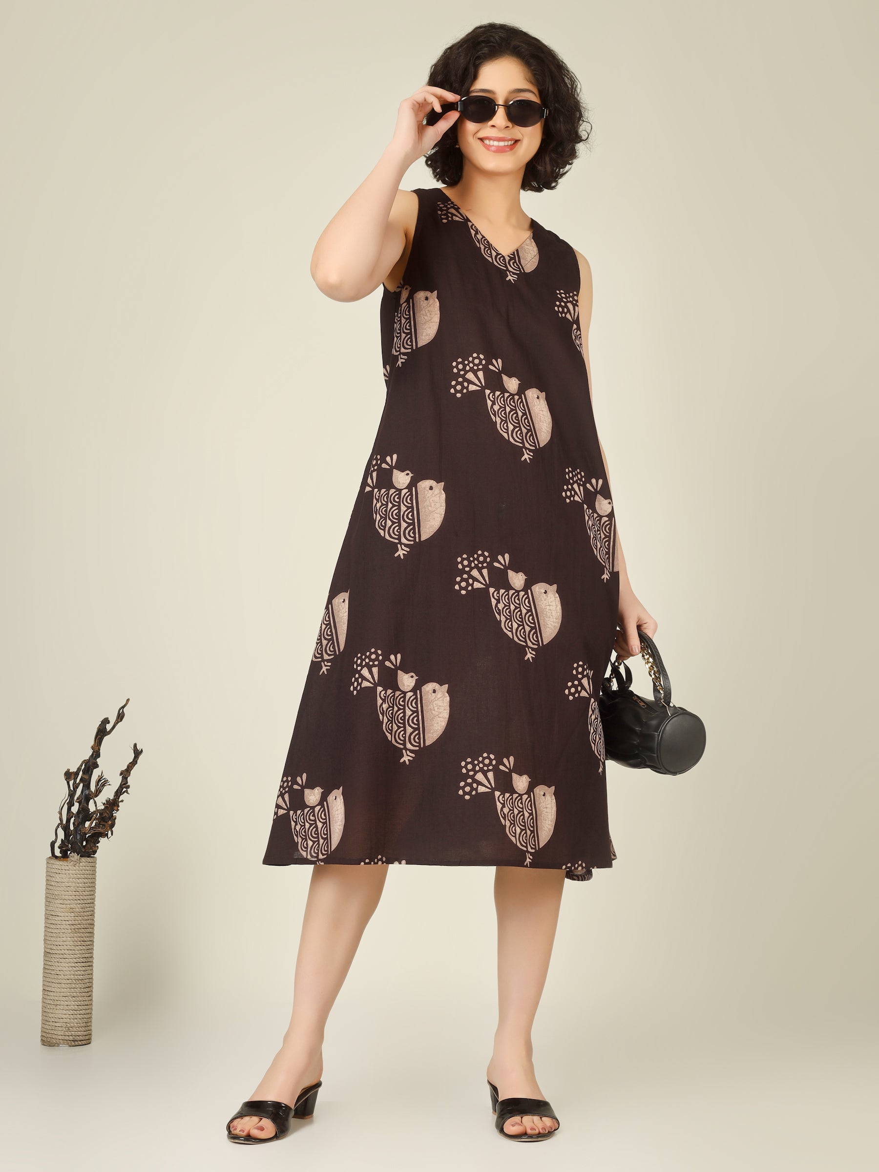 Brown Printed V-Neck Sleeveless A-Line Cotton Dress