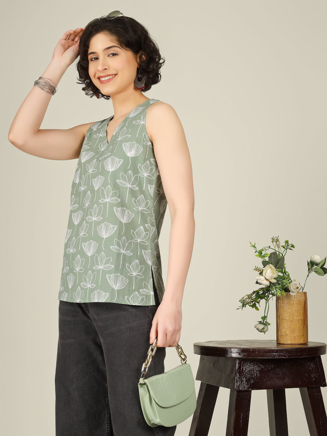 Green Printed Sleeveless V-Neck Cotton Top
