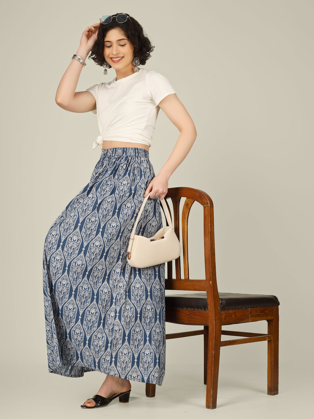 Blue Printed Cotton Maxi Skirt