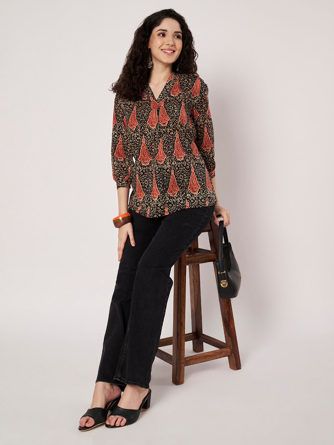 Black Printed V-Neck Cotton Top