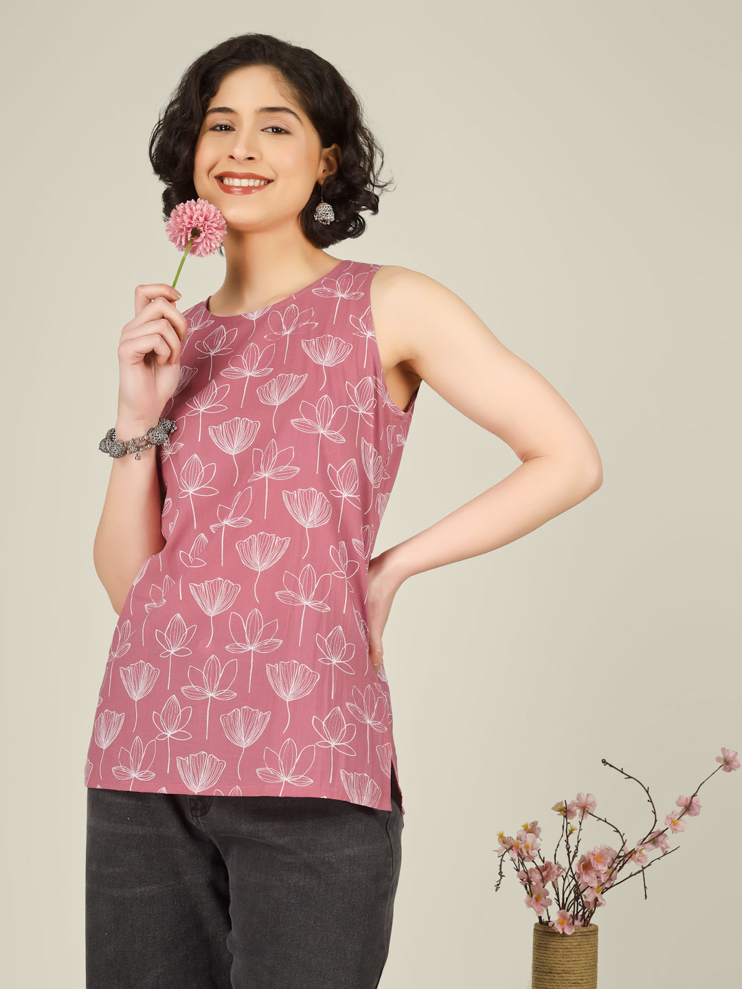 Pink Printed Round Neck Sleeveless Cotton Top