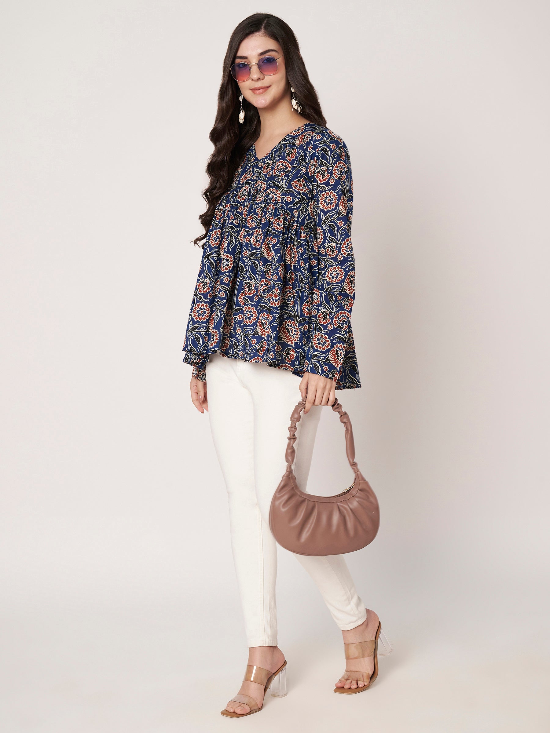 Blue Printed Alia-Cut Cotton Top