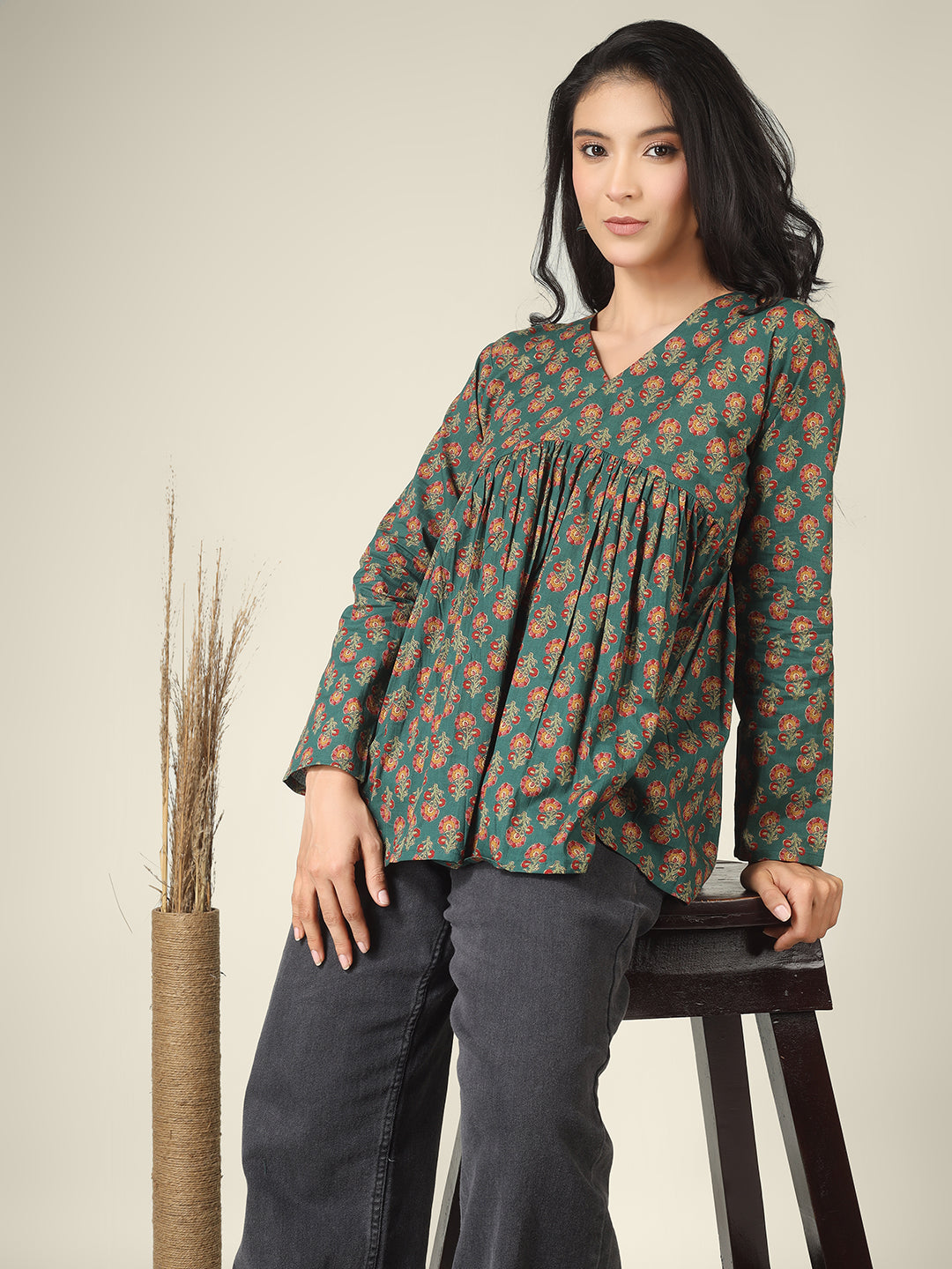 Green Printed Alia-Cut Cotton Peplum Top