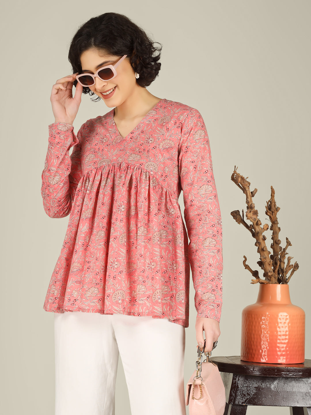 Peach Printed Alia-Cut Cotton Top