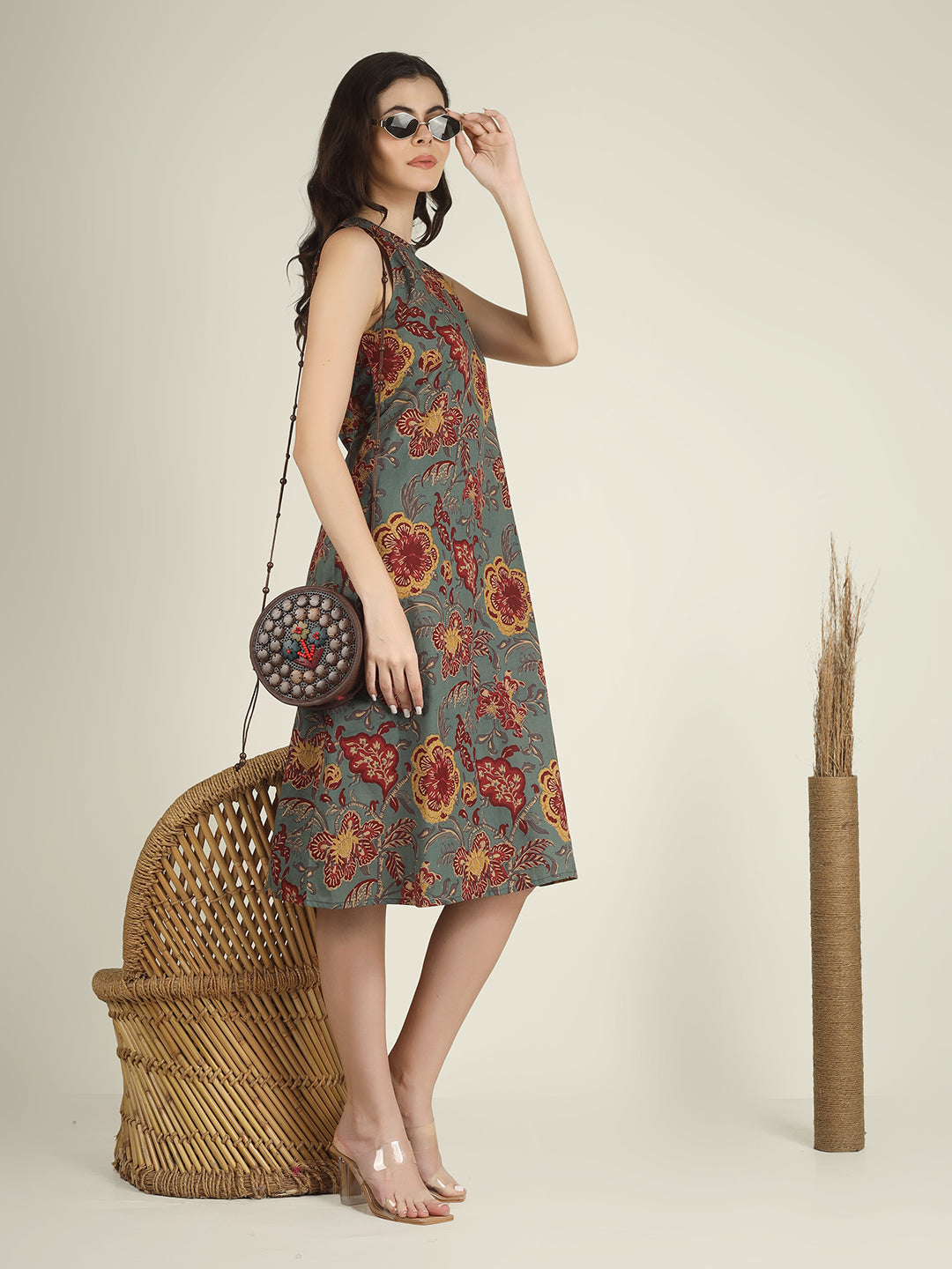 Green Printed Sleeveless A-Line Cotton Dress