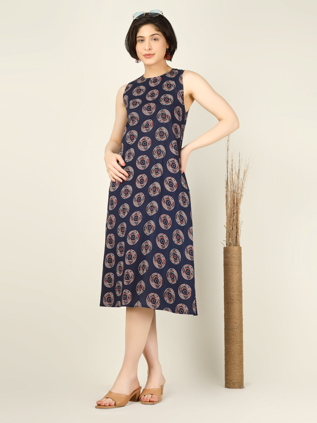 Navy Blue Printed Sleeveless A-Line Cotton Dress