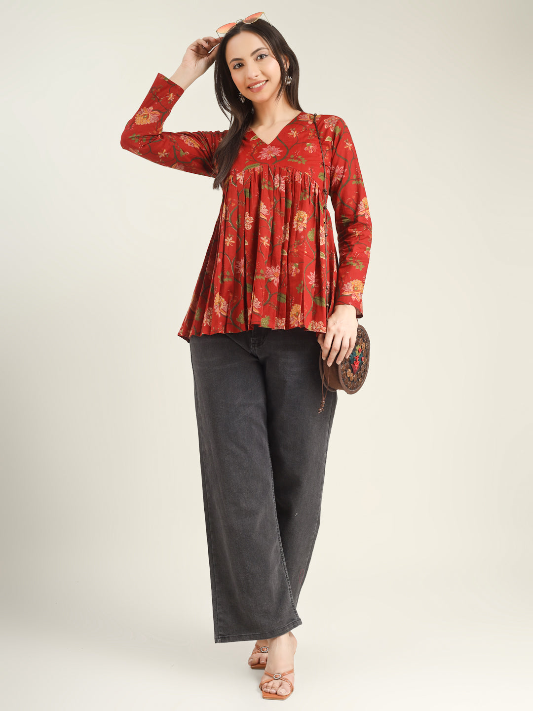 Red Printed Full-Sleeves Alia-Cut Cotton Top