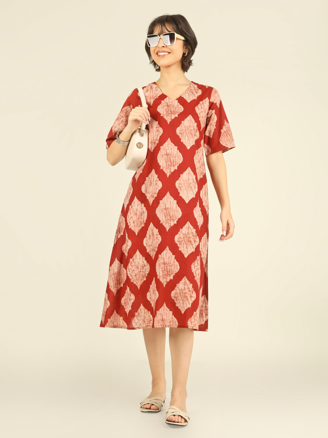 Red Printed Half-Sleeve A-Line Cotton Dress