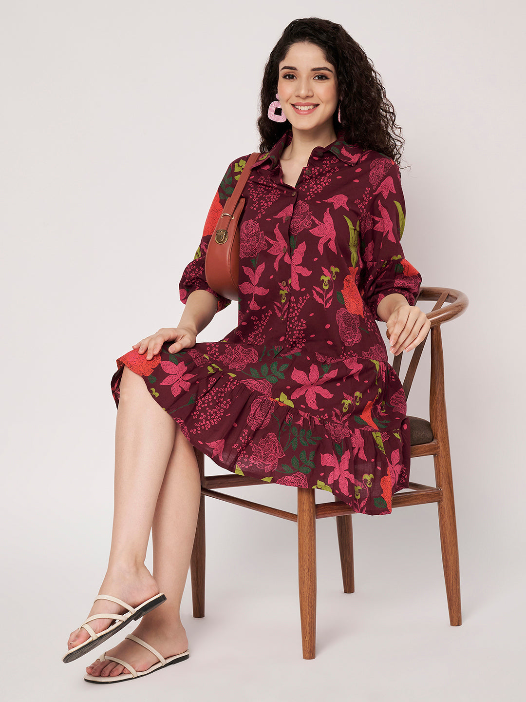 Maroon Printed Short Cotton Dress