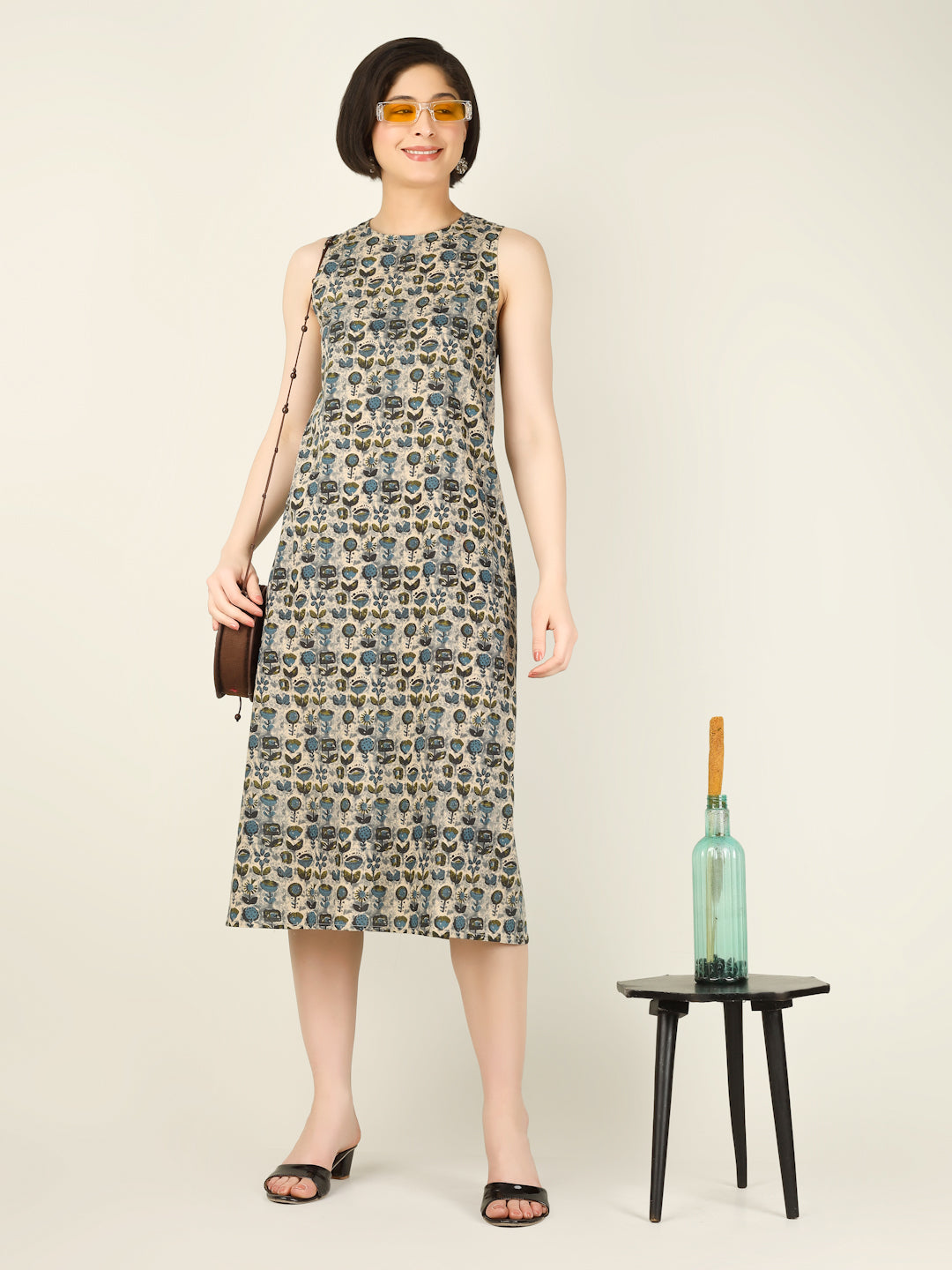 Green Printed Sleeveless A-Line Cotton Dress