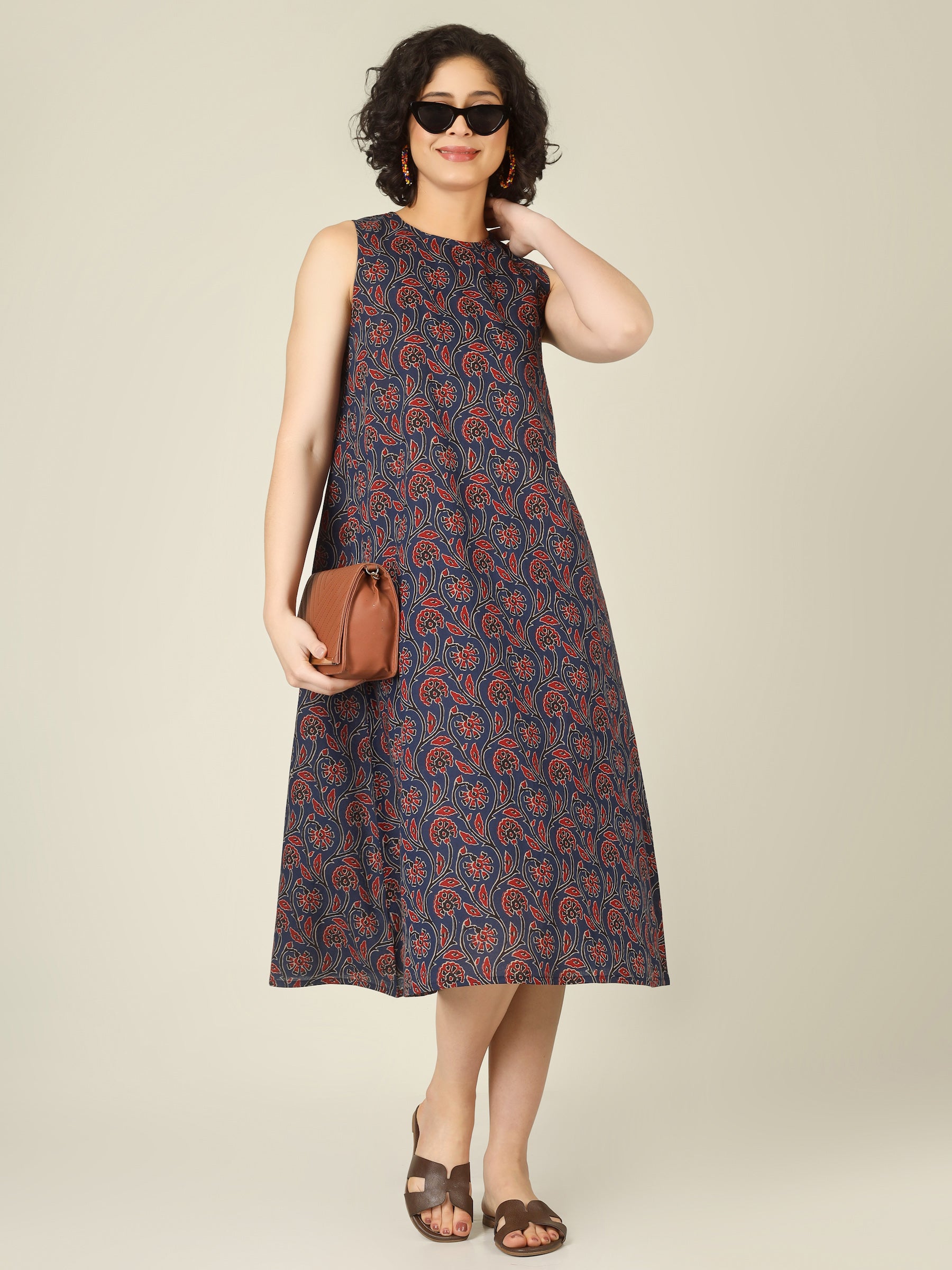 Navy Blue Printed Sleeveless A-Line Cotton Dress