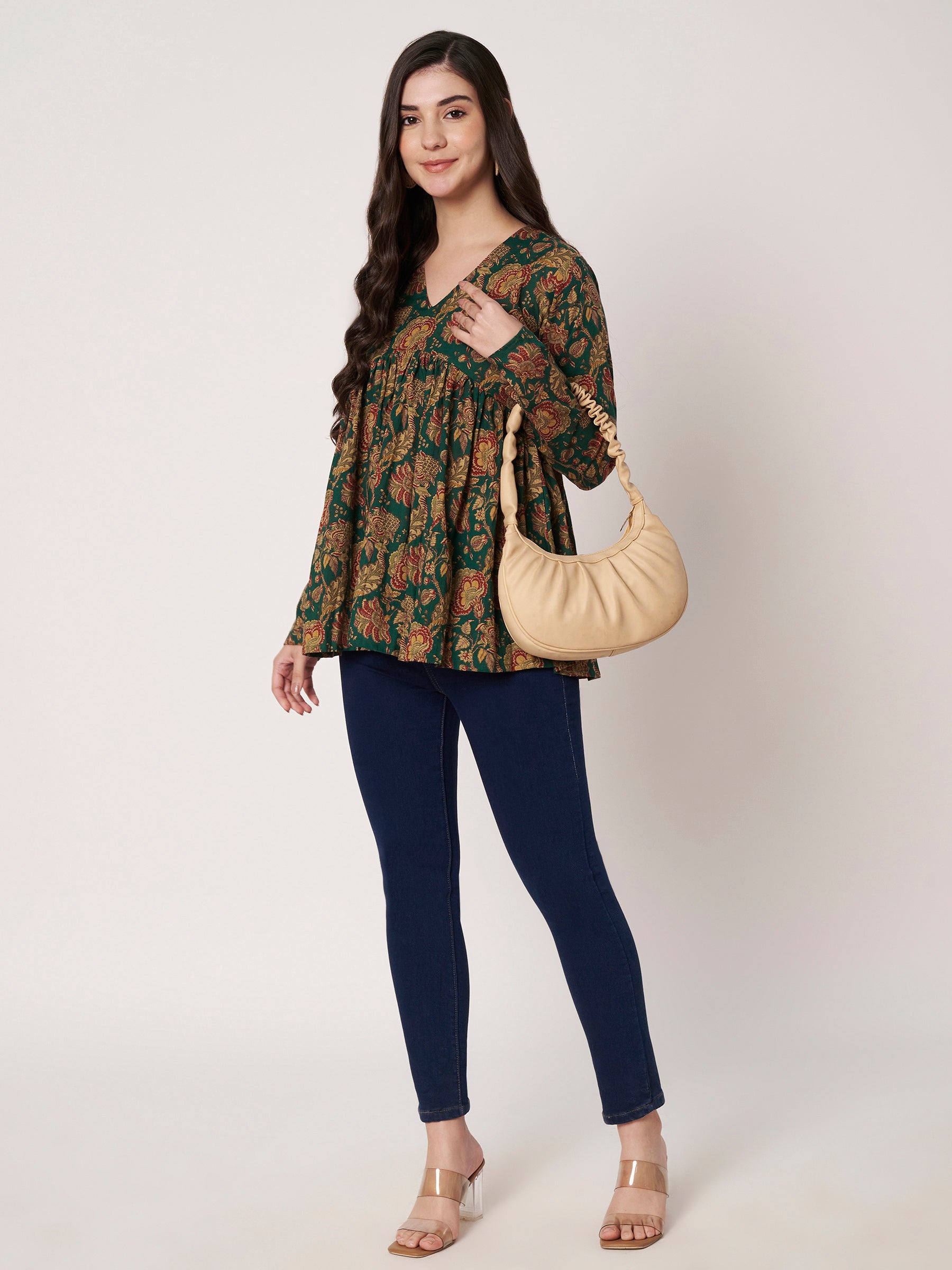 Dark Green Printed Alia-Cut Cotton Top