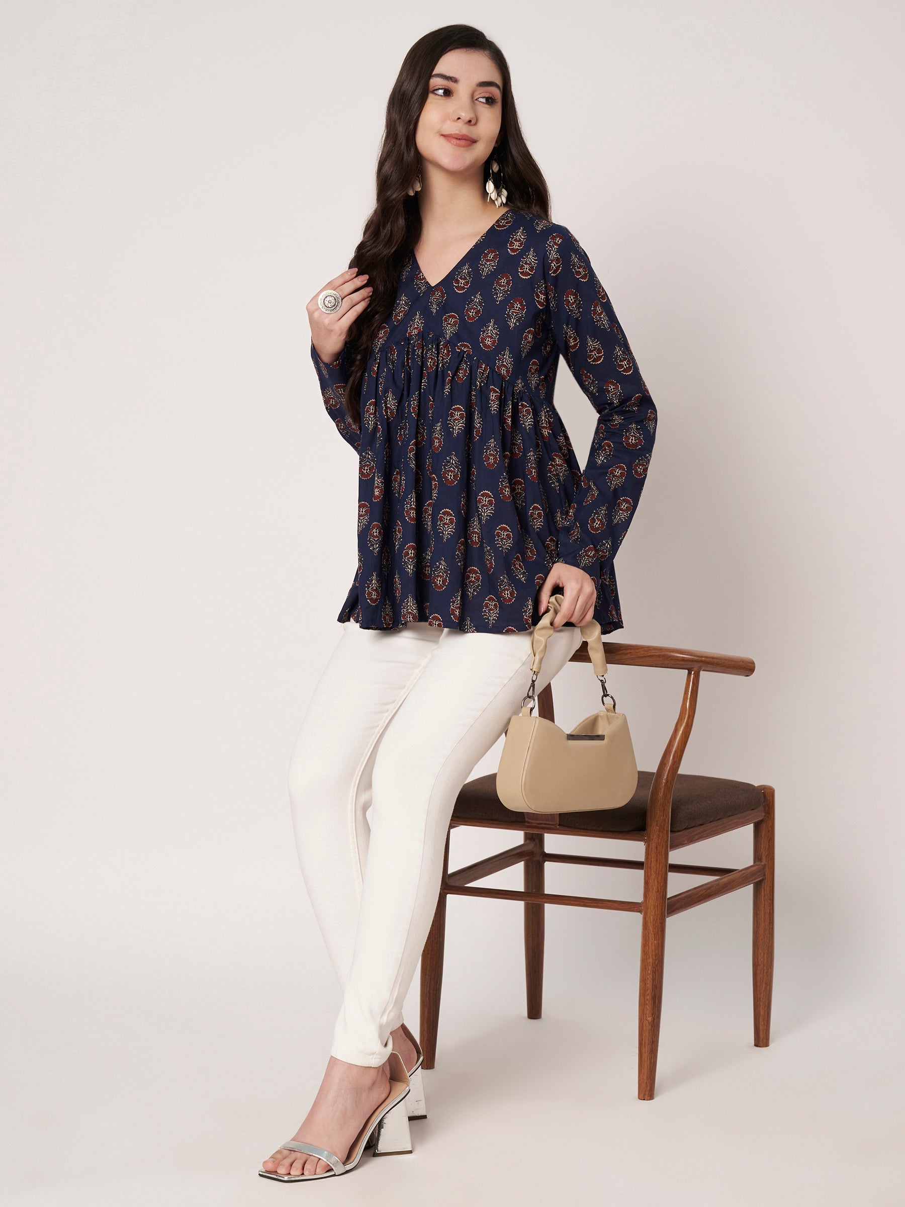 Navy Blue Printed Alia-Cut Cotton Top