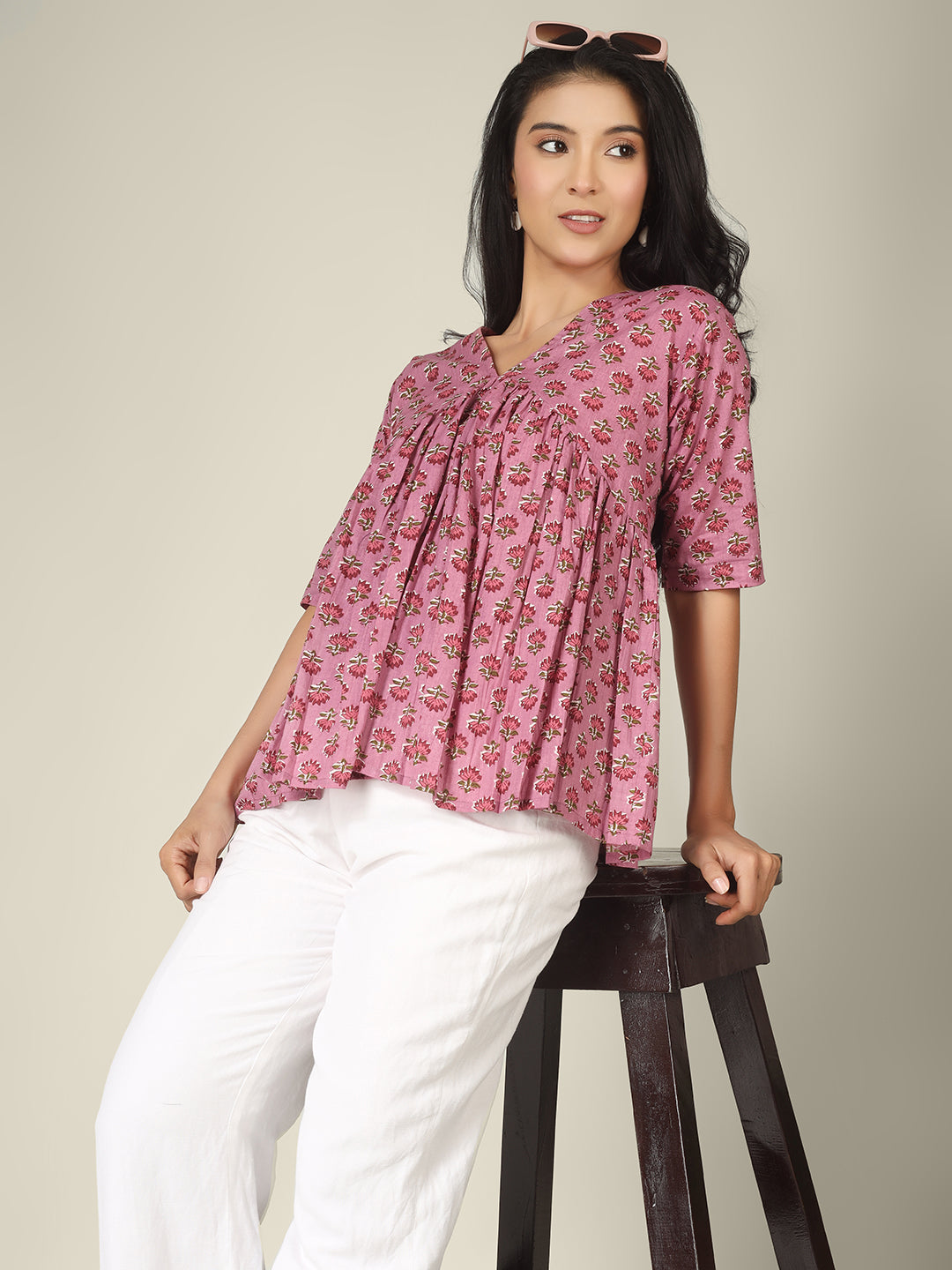 Pink Printed Half-Sleeve Alia-Cut Cotton Peplum Top