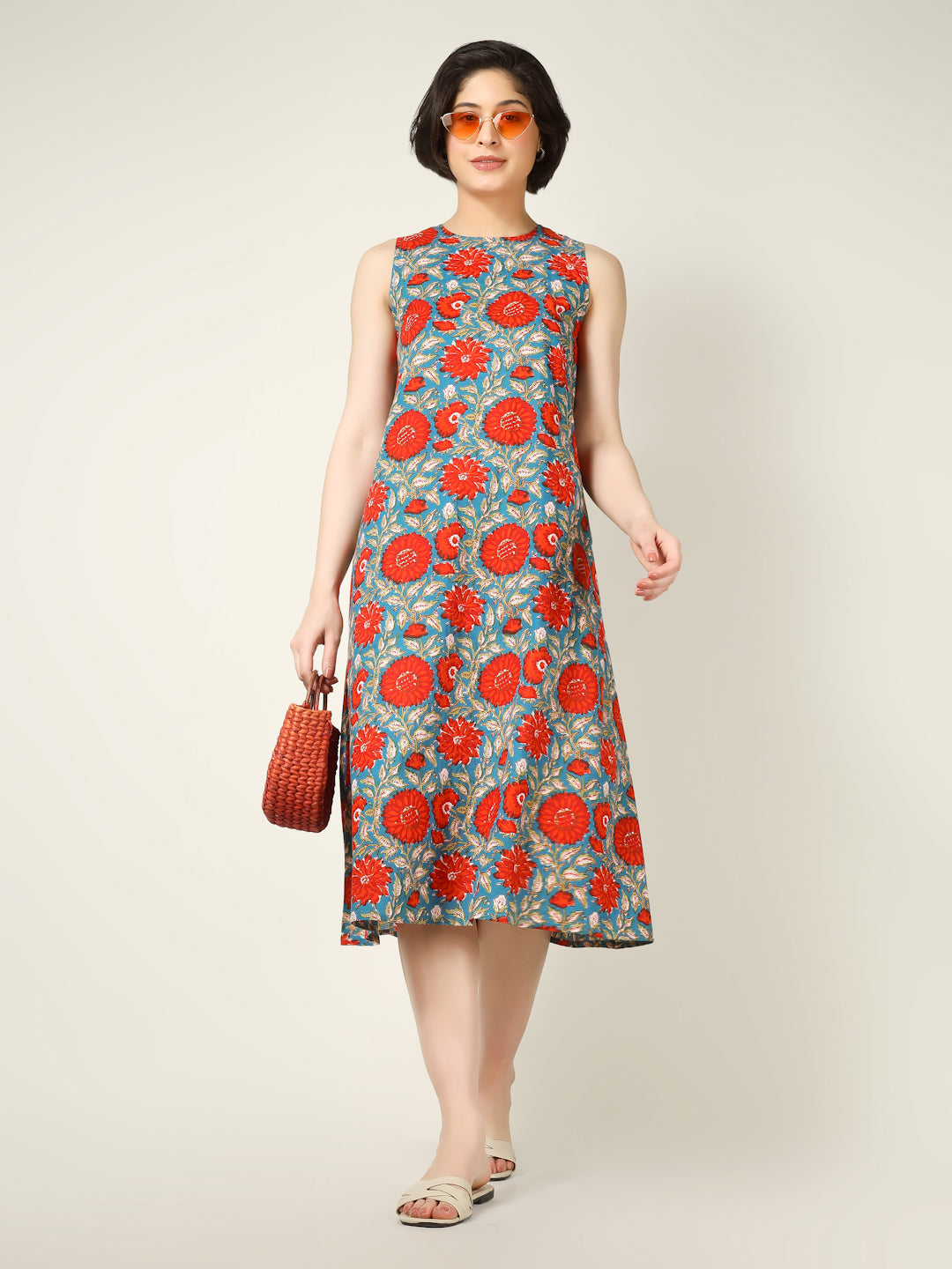 Blue Printed Sleeveless A-Line Cotton Dress
