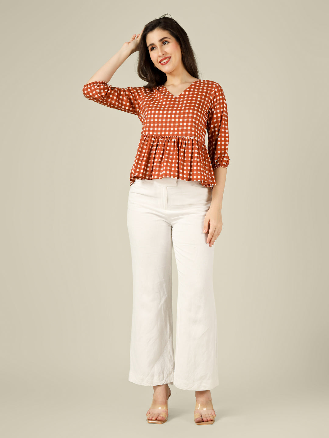 Brown Checked Cotton Peplum Top