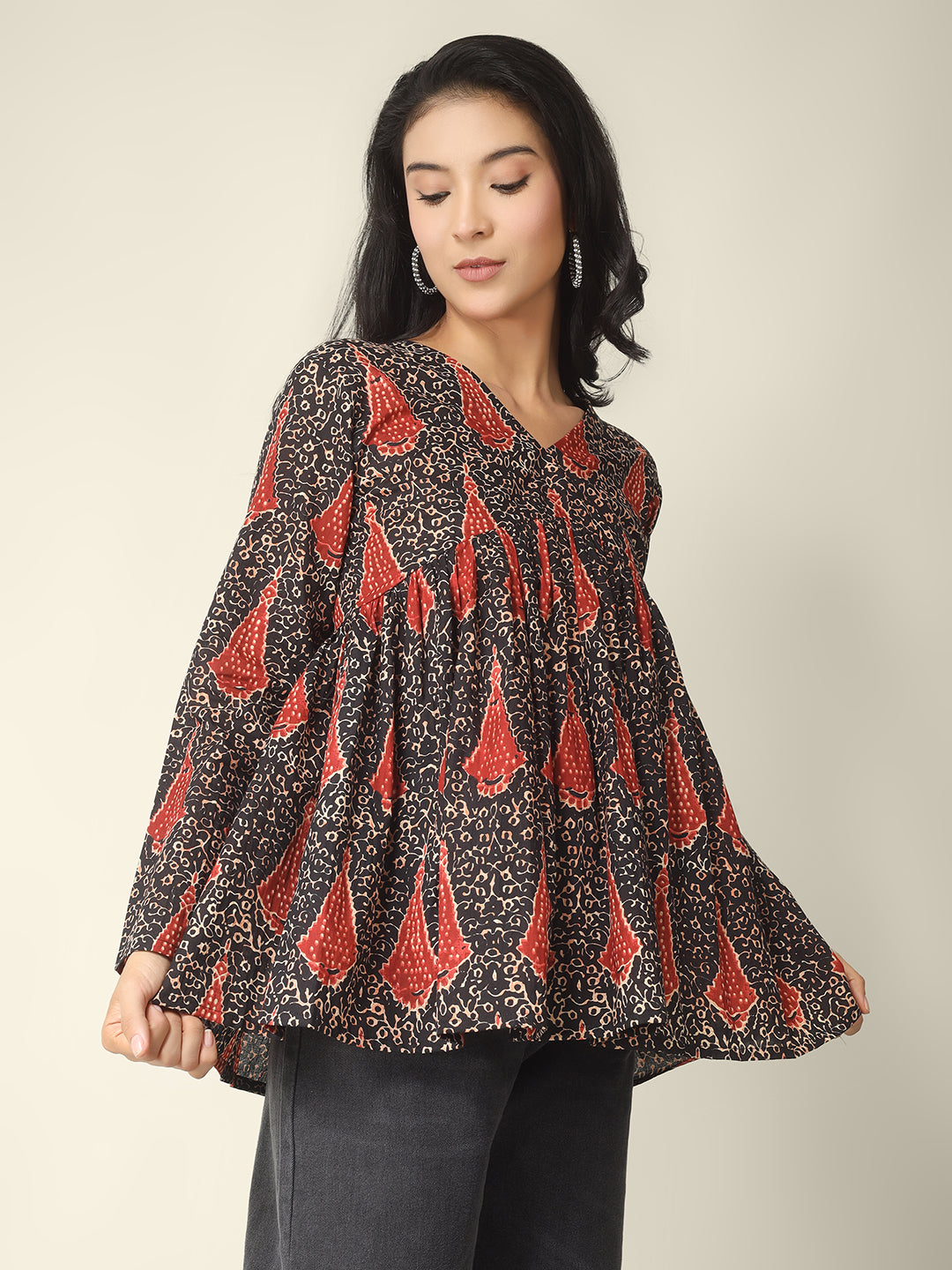 Black Printed Alia-Cut Cotton Peplum Top