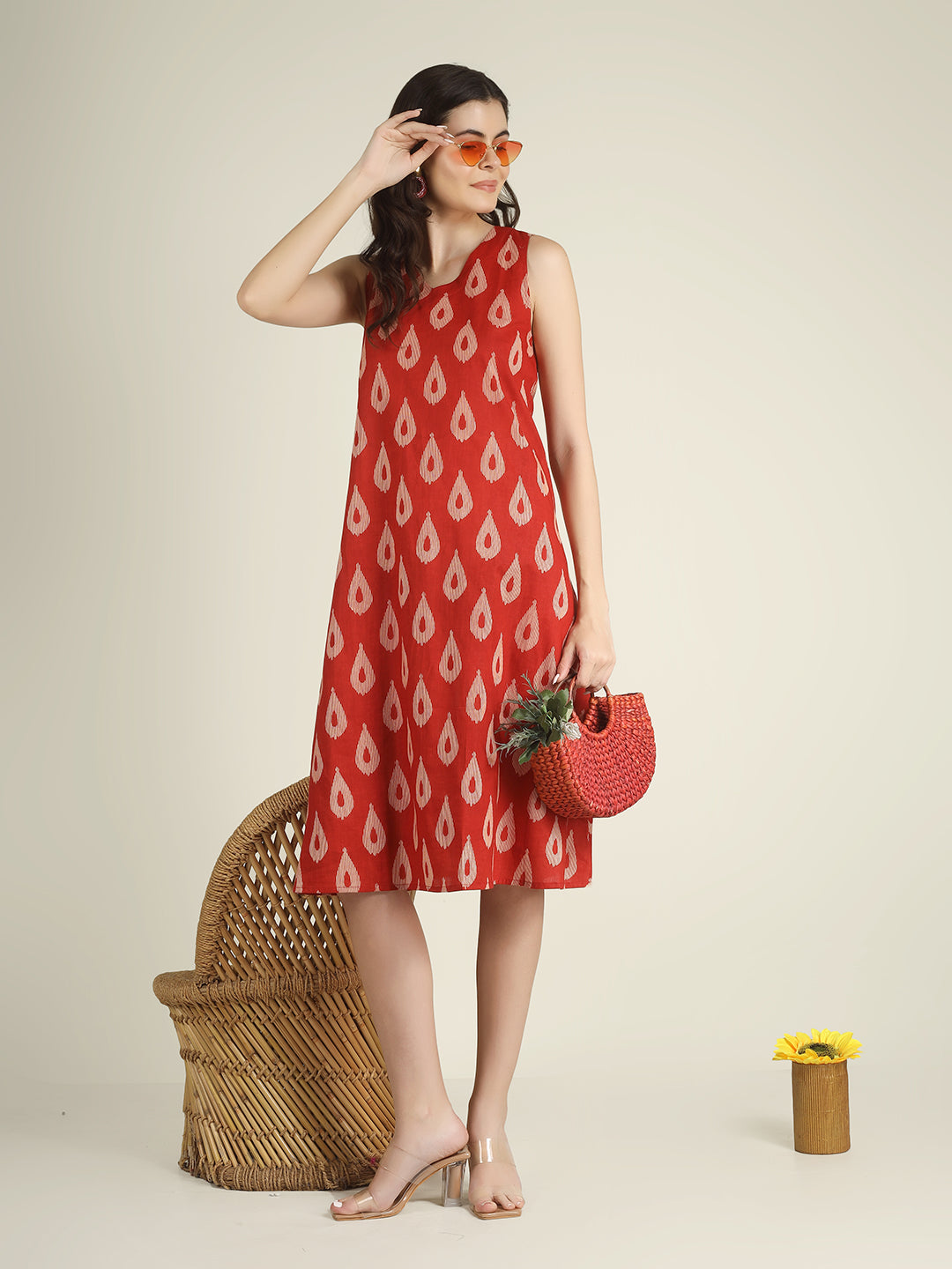 Red Printed Sleeveless V-Neck A-Line Cotton Dress