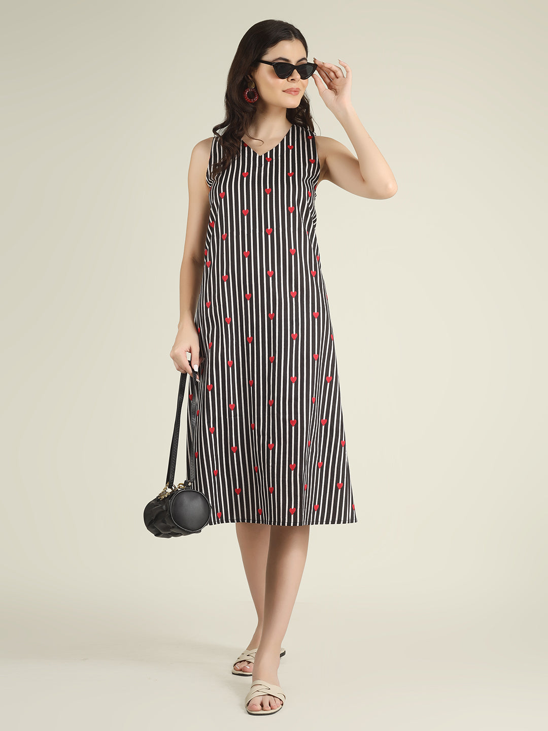 Black Striped Sleeveless V-Neck A-Line Cotton Dress