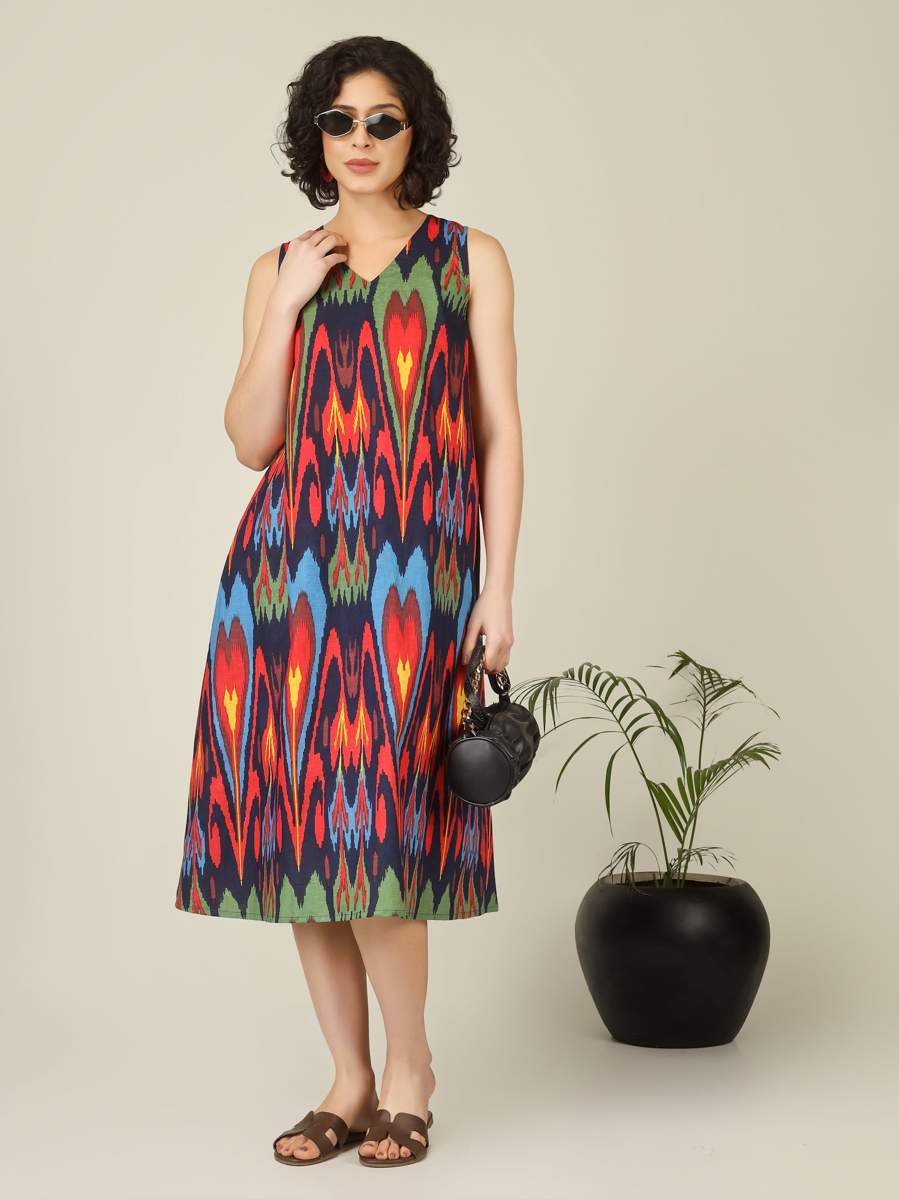 Navy Blue Printed V-Neck Sleeveless A-Line Cotton Dress