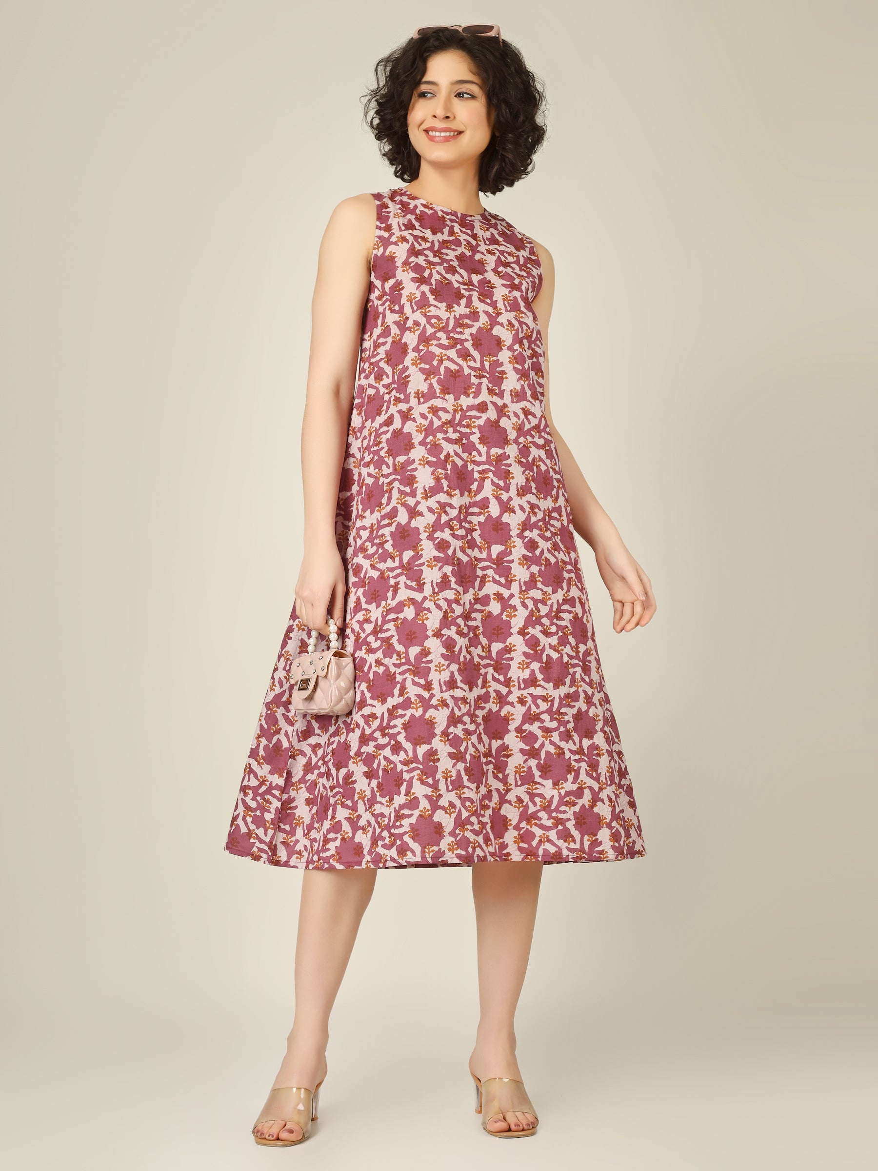 White Printed Sleeveless A-Line Cotton Dress