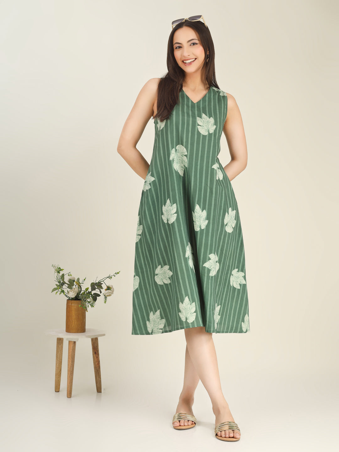 Green Printed Sleeveless V-Neck A-Line Cotton Dress