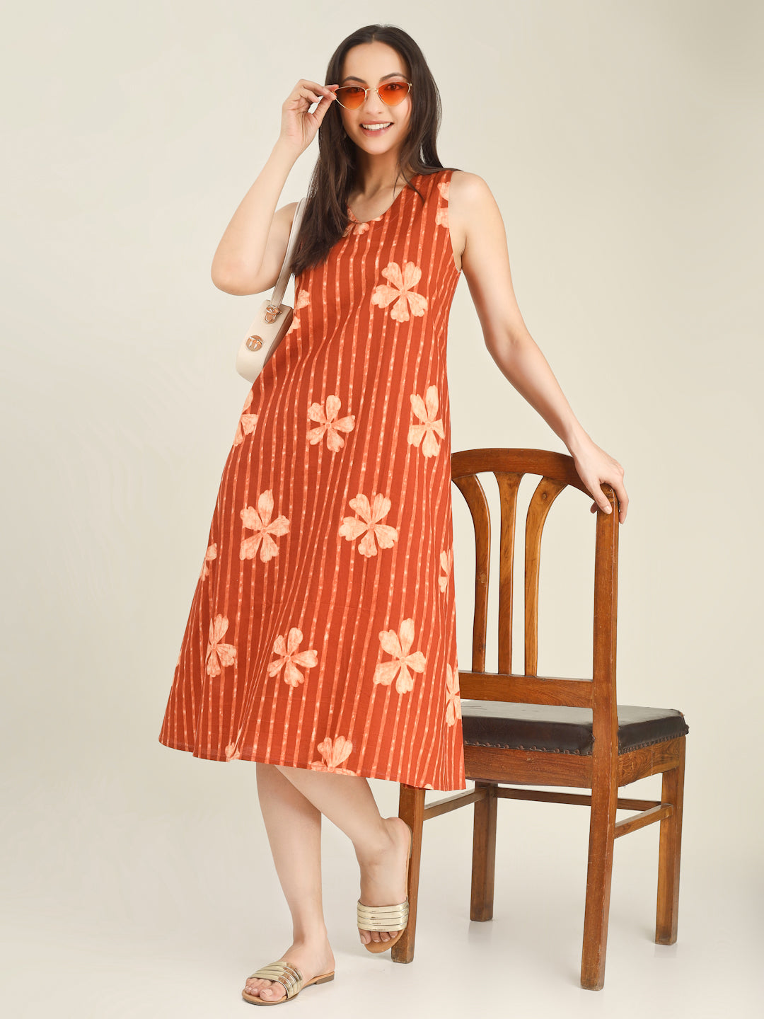 Orange Printed Sleeveless V-Neck A-Line Cotton Dress